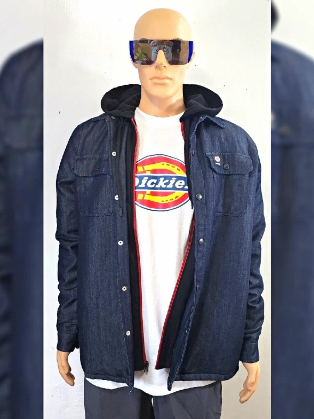 DICKIES MEN BLUE HOODED LINED SHIRT JACKET SNAP/ZIP FRONT POCKETS WITH TSHIRT "S
